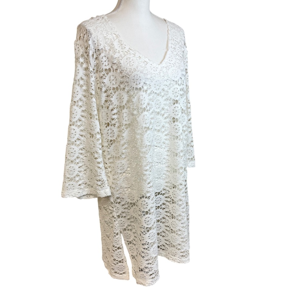 J VALDI Sheer White Lace V Neck 3/4 Sleeve Tunic Cover Up Dress L Swim‎ Vacation - Picture 6 of 12